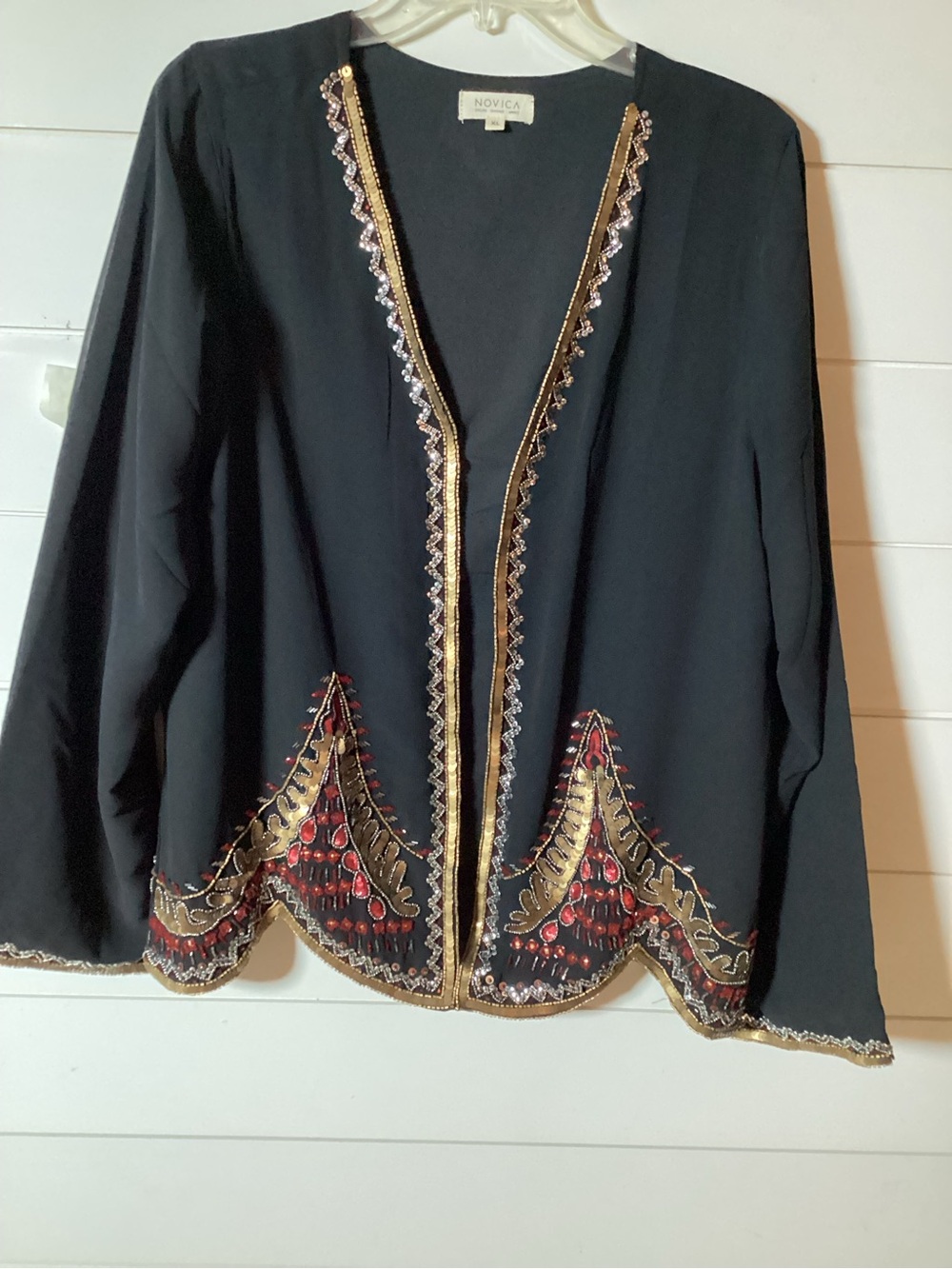Novica Black Embellished Open Cardigan Jacket with Gold Trim